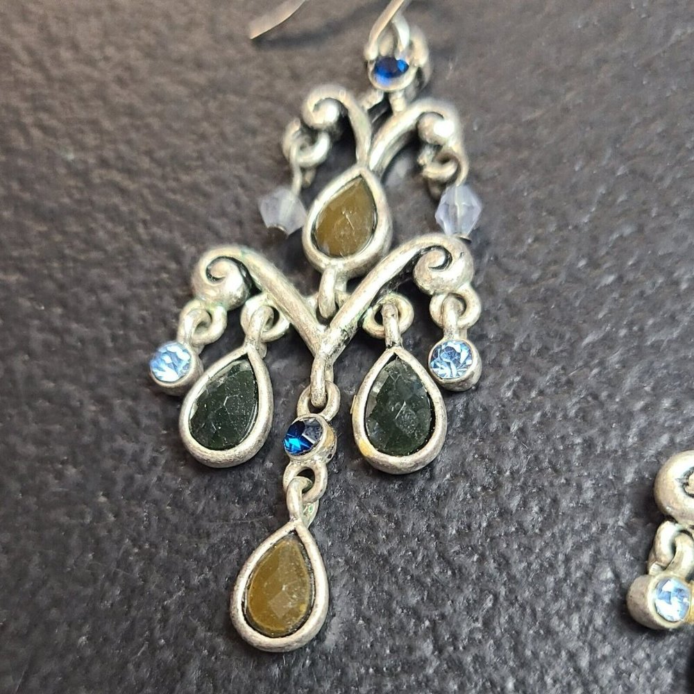 Retro Silvertone Long Blue Brown Drop Crystal Tassel Chandelier Hook Earrings 2" - Picture 3 of 7